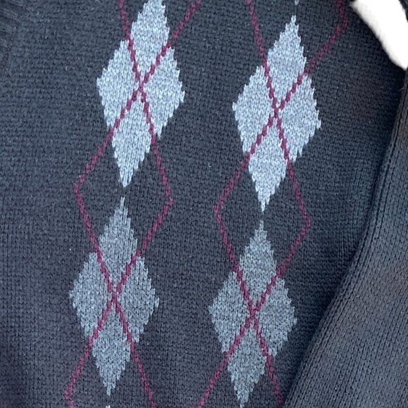 Vintage Van Heusen Mens Argyle Cardigan Sz L Black Button Academia Grandpa - Picture 3 of 11